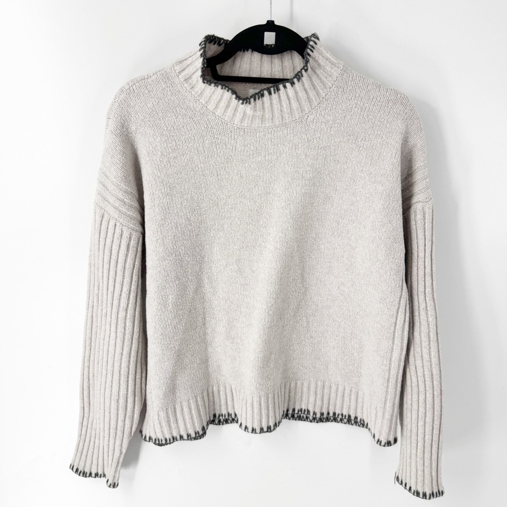 Joie Women Oatmeal Ribbed Knit Mock Neck Sweater Blanket Stitch Detail Size M
